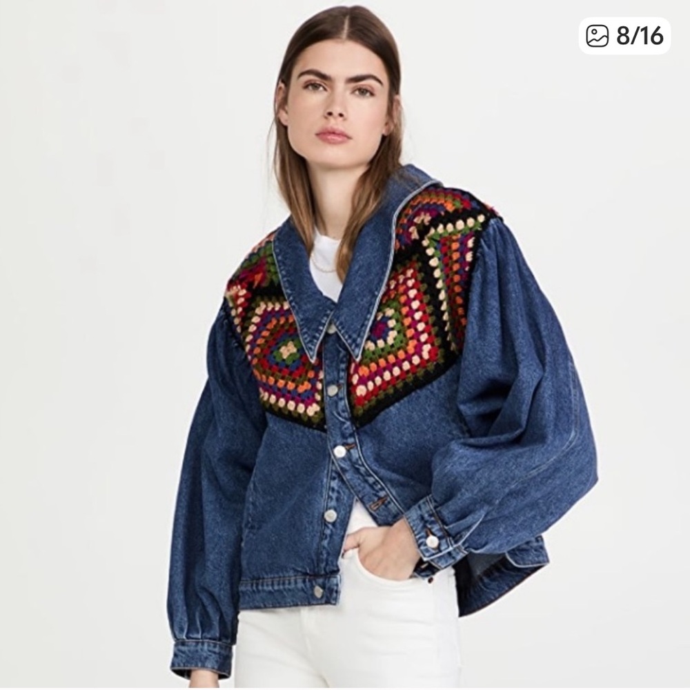 FARM Rio Blue Denim Jean Jacket with Multicolor Crochet Yoke